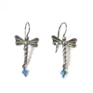 Sterling Silver & Abalone Shell Dragonfly Hook Earrings Blue Crystal Dangles